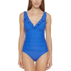 DKNY Ruffle Lapis Plunge Underwire Tummy Control One-Piece Swimsuit Size 10